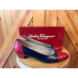 SALVATORE FERRAGAMO SHOES Color block Leather Red Navy 10AA Italy Box